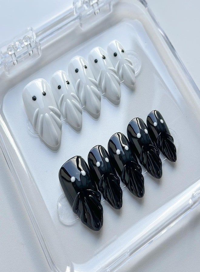MABKJLF Halloween Luxury Press on Nails Long Almond Handmade 3D Unique Reusable ABS Material Fake Nails Black&White False Nails with Ghost Designs Cute Glossy Glue on Nail Thick Acrylic Nail(S) - Image 5